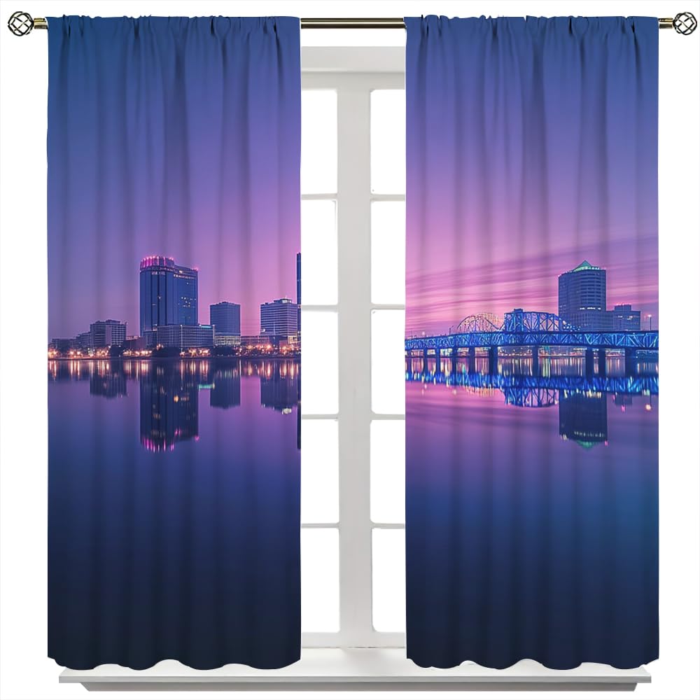 YFBBINS Evening Cityscape Pattern Blackout Curtains Thermal Insulated for Bedroom Living Room, Ocean Modern Skyline Rod Pocket Curtain Light Blocking Drapes, 2 Panels, Each 21 W x 45 L inch