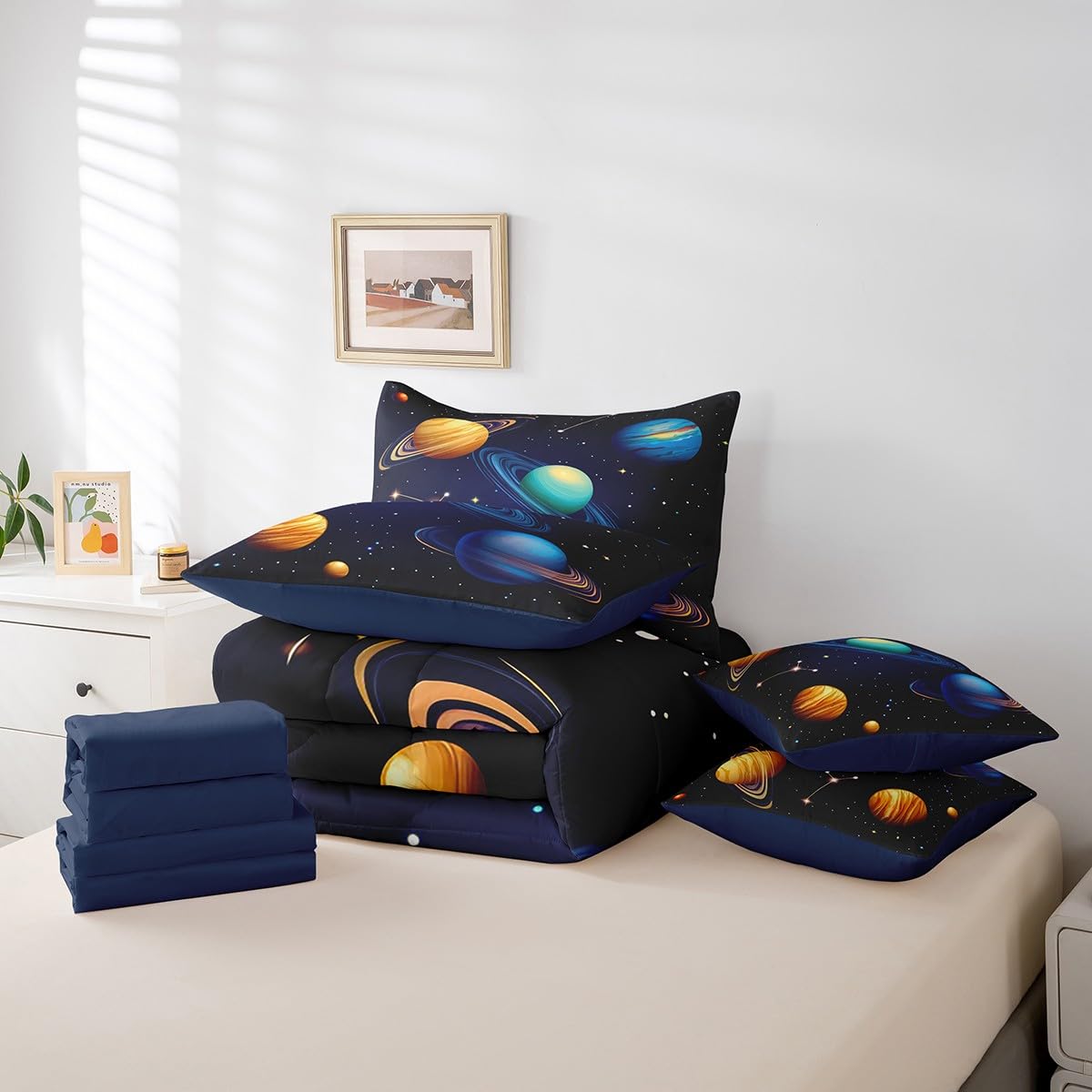 Erosebridal Kids Galaxy Bed in A Bag with Sheets Teen Boys Outer Space Planet Bedding Set Solar System Twin Comforter Set 7 Piece Starry Sky Universe Stars Sheet Set with Comforter