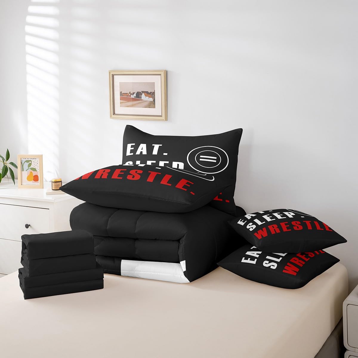 Feelyou Wrestle Comforter Set 7 Piece Twin Size Sports Theme Bedding Set for Kids Boys Girls Teens Room Wrestling Decor Bed in A Bag Soft Boys Bed Set with Sheets, Pillowcases, Pillow Covers