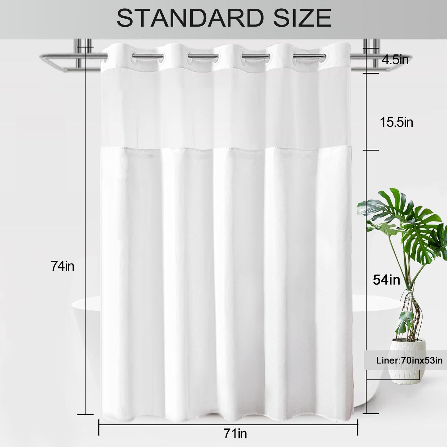 TWLSNCD No Hook Shower Curtain with Snap in Liner, White Shower Curtains and Liner Set, Hotel Fabric Bath Curtain for Bathroom, Mesh Top Window Waterproof Washable, 71" x 74"