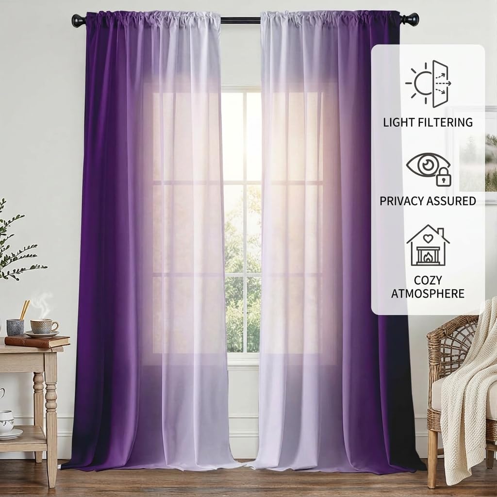XFLINGBAO Purple Curtains 84 Inch Length for Living Room 2 Panel Set Purple and Grey White Window Treatment Curtains Lavender Ombre Gradient Light Filtering Curtains Modern Abstract Drapes