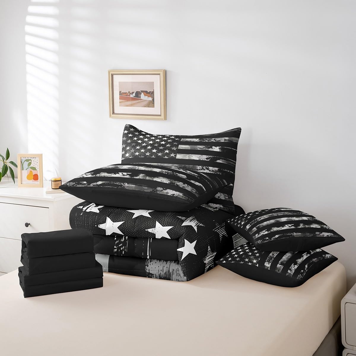 Erosebridal 7 Pcs Black Camo Comforter Set Twin Size,Camouflage American Flag Bed in a Bag with Flat Fitted Sheet for Kids and Adults,Retro USA Flag Bedding Set with Pillowcases and Cushion Cases