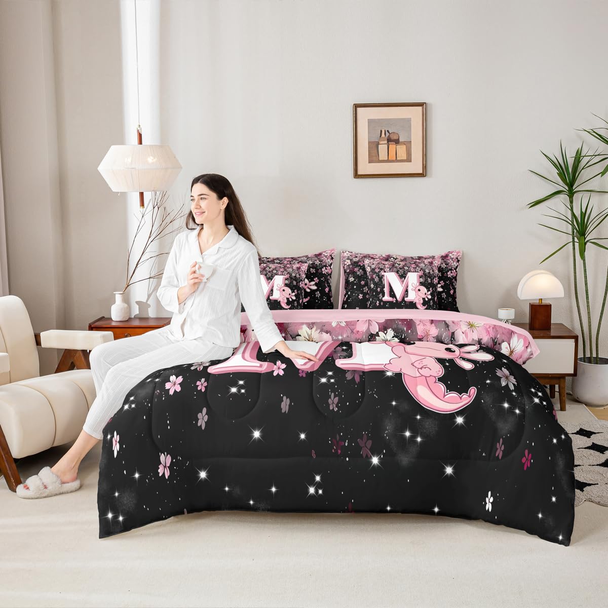 Erosebridal Twin Size Pink Black Alphabet M Bed in A Bag with Cute Axolotl Design - Japanese Cherry Blossom 7 Pieces Bedding Set Cute Axolotl Comforter Set with Sheets Initial Letter Gift for Her