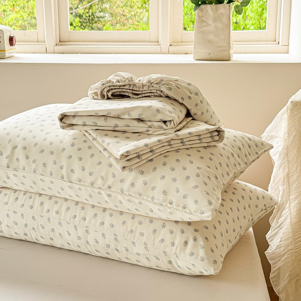 JaTaCa Blue Floral Full Sheet Set, Cooling Boho 100% Viscose Derived from Bamboo Sheets, Silky Bedding for Hot Sleepers, 4-Piece Full Flower Print Bedding Set with Deep Pocket up to 16"