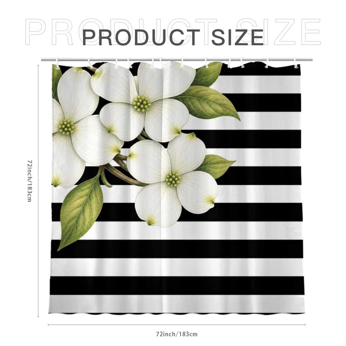 TopPacific White Blossom Stripe Shower Curtain 72x72 Inch Shower Curtain with 12 Hooks Polyester White Blossoms Green Leaves Black White Stripes Bathroom Decor
