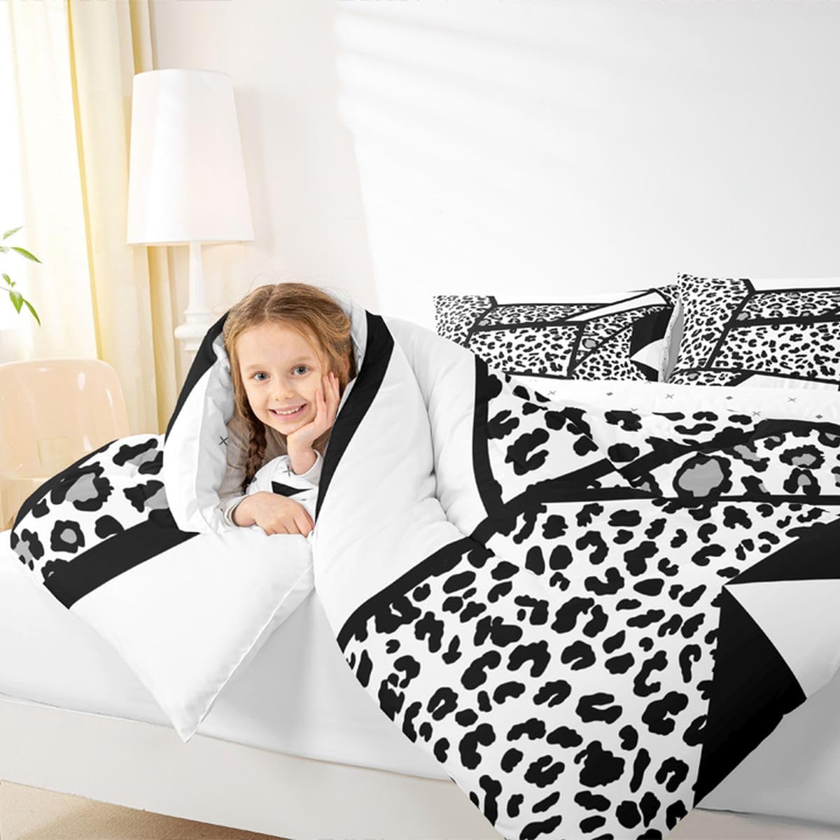 jejeloiu Leopard Print Kids Comforter Set Queen Size Animals Fur Splice Bedding Set Cheetah Duvet Quilt for Kids Boys Girls Bedroom Decor Microfiber Ultra Soft Breathable