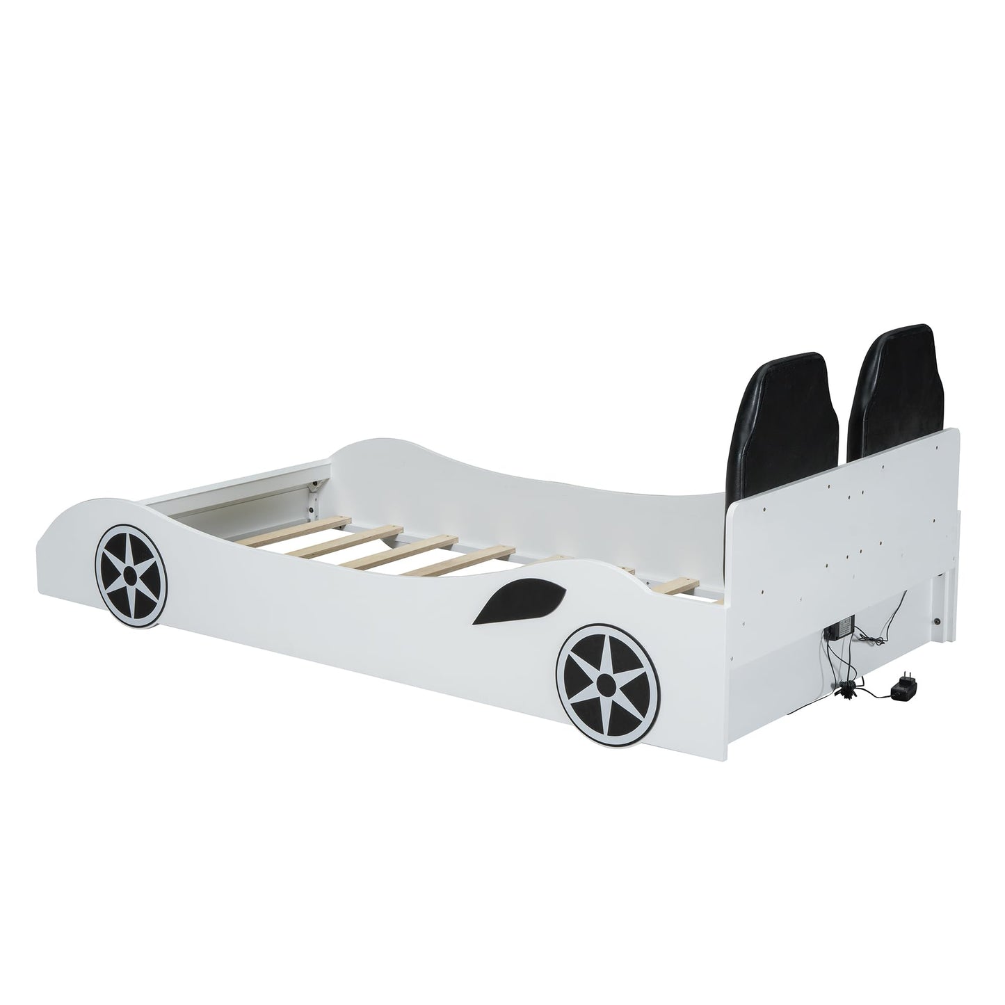 MaiDeHaoo Twin Bed Frames for Kids, Race Car-Shaped Bed Frame with LED Lights, Wheels and Upholstered Backrest for Boys, Girls, No Box Spring Needed, White