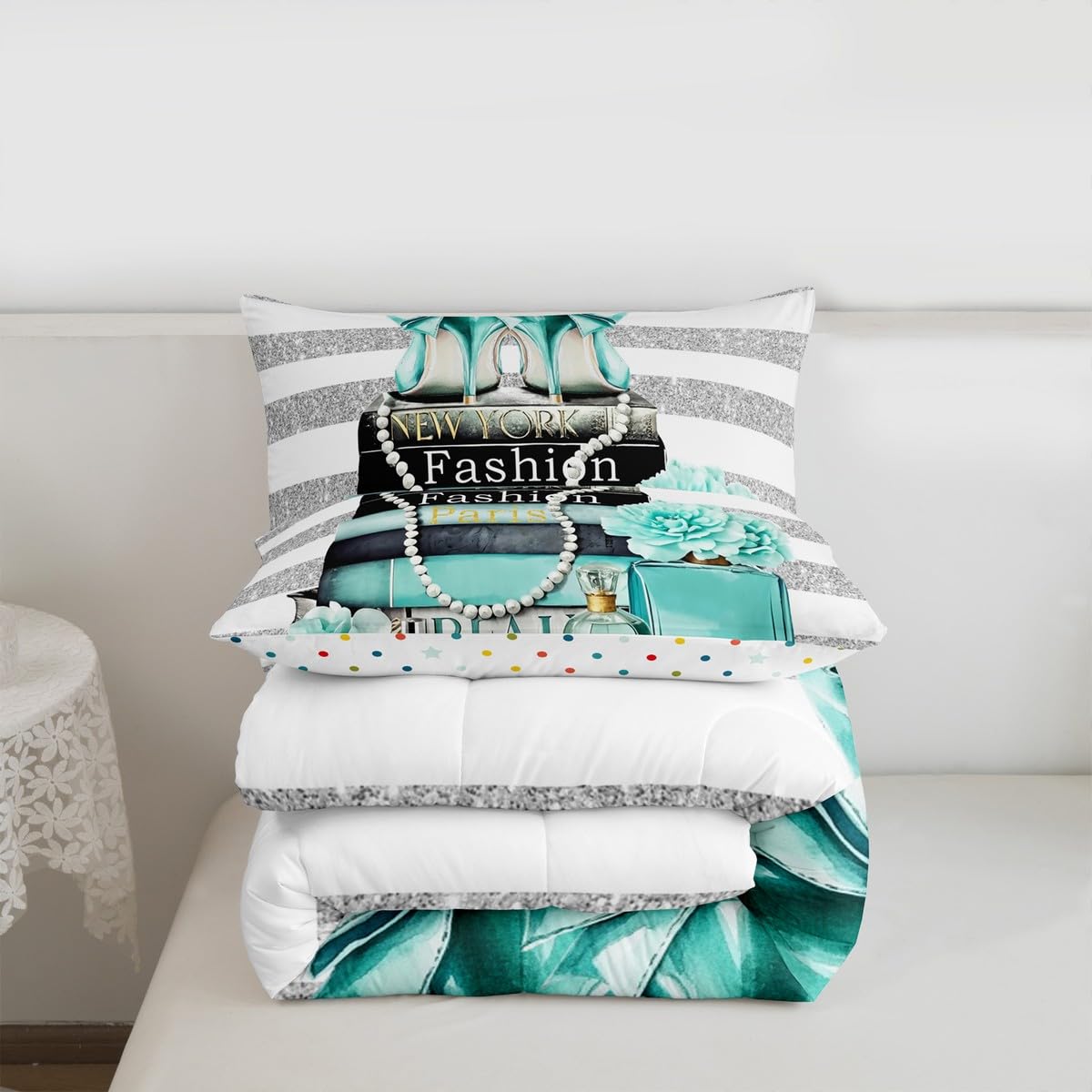 Erosebridal Paris Fashion Women Comforter King Size Teal Silver Modern Bedding Set for Kids Girls Teens Magazine White Stripe Girly Down Comforter Turquoise Rose Flower High Heel Makeup Duvet Insert
