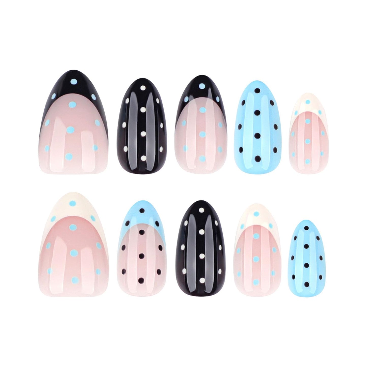 Polka Dot French Tip Press on Nails Short Almond Fake Nails Black White Blue Stick on Nail Full Cover Reusable False Nail for Women 24Pcs