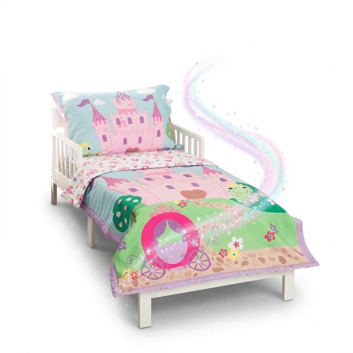 EVERYDAY KIDS 4 Piece Toddler Bedding Set -Princess Storyland- Includes Comforter, Flat Sheet, Fitted Sheet and Reversible Pillowcase