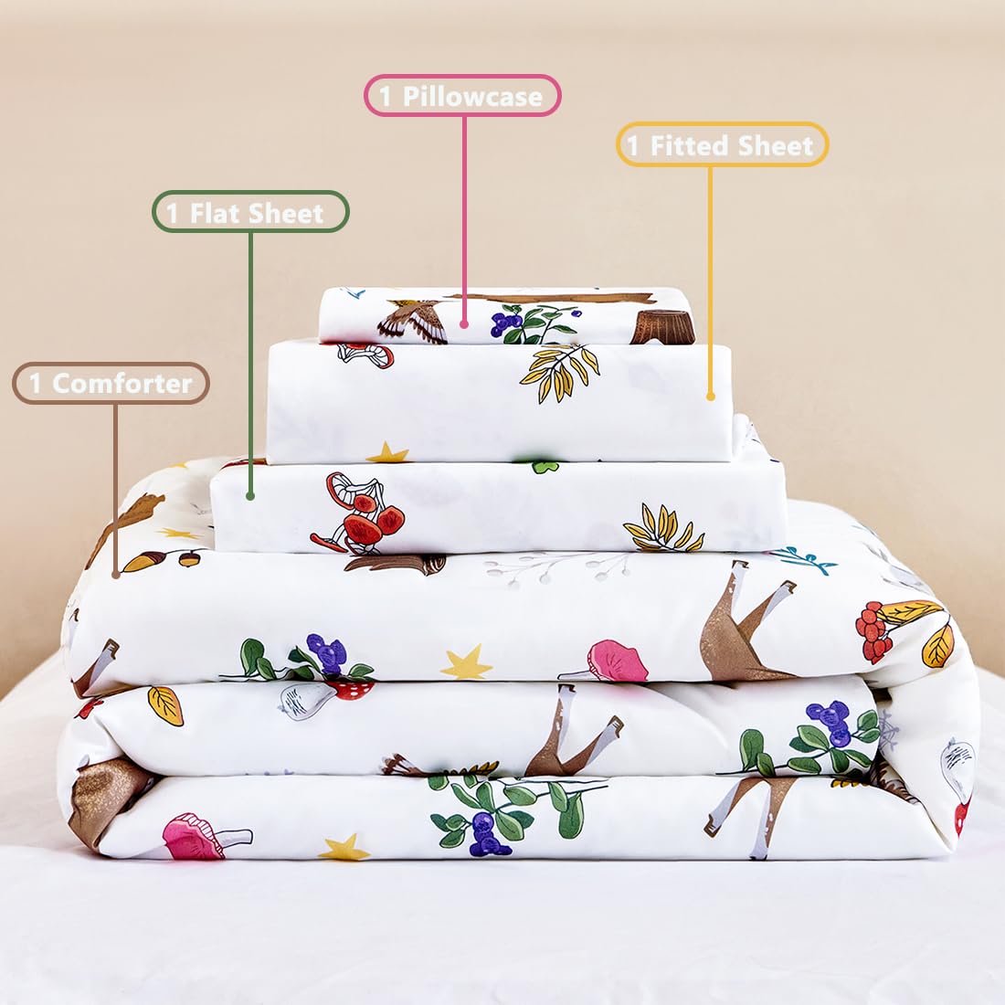 PERFEMET 4-Piece Toddler Bedding Set-Reversible Woodland Animal Toddler Bed Sets for Boys Girls-Soft Lightweight Cartoon Bear Deer Print Toddler Bed Comforter with Sheets for All Season