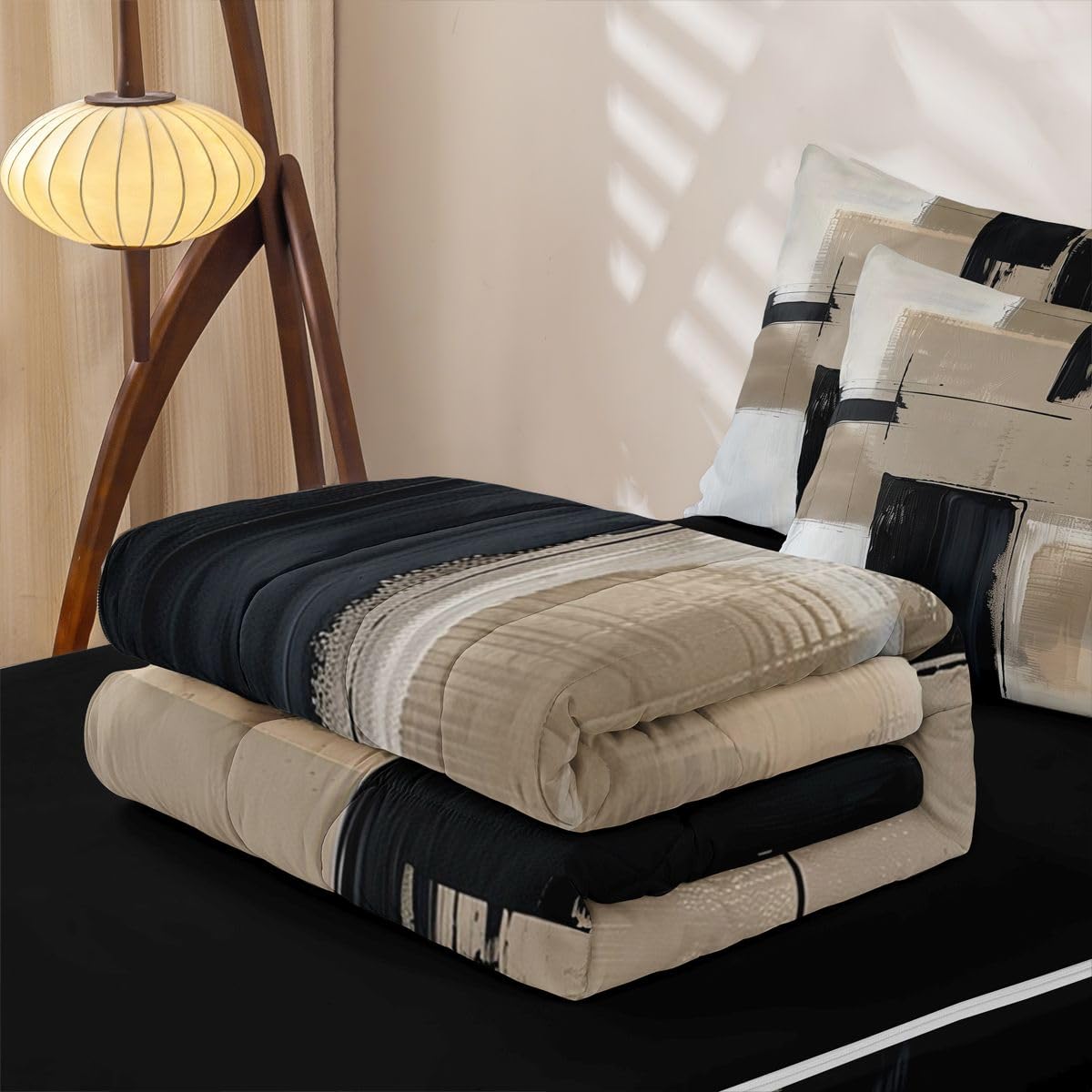 jejeloiu Abstract Twin Zipper Bedding Set Modern Art Kids Comforter Set with Fitted Sheet and 2 Pillowcases Black and Brown Bed in a Bag Zip Up Bedding Soft Microfiber