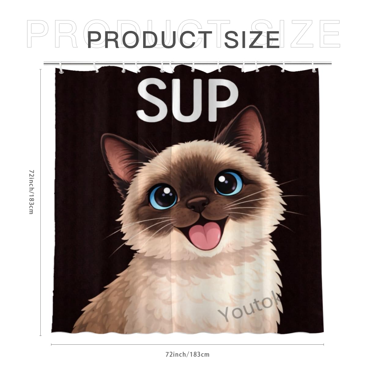 Youtoko Shower Curtain 72x72 Inch with 12 Hooks Funny Animal Quote Bathroom Decor Siamese Cat Puppy Pet Lover Sup Cute Animal Bath Curtain Black Background