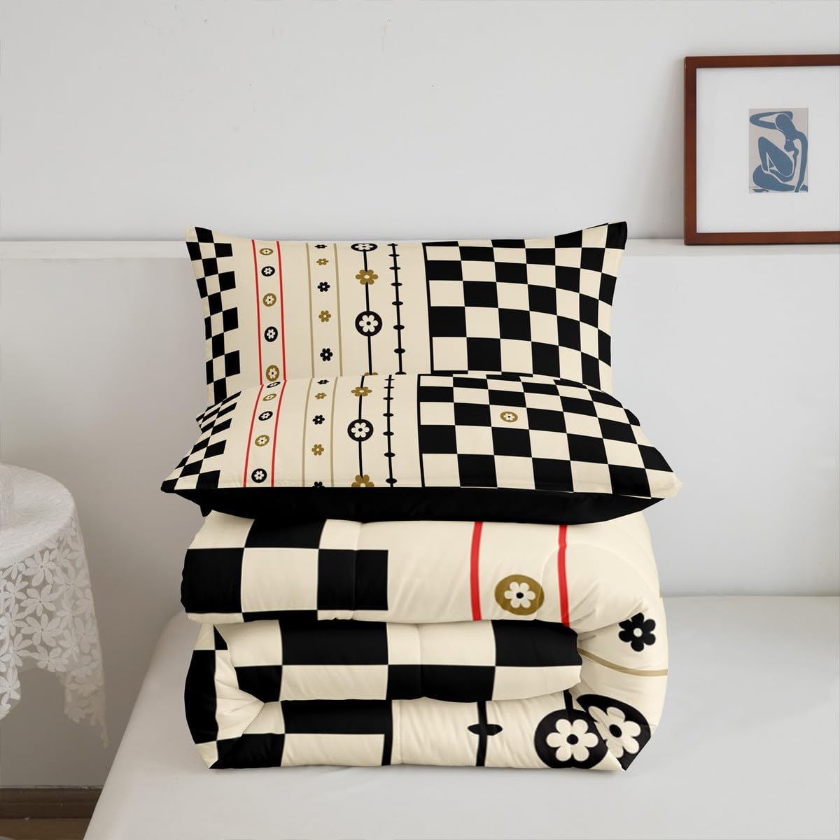 Manfei Geometric Grids Comforter Set Queen Size,Cute Daisy Flowers Abstract Bedding Set 3 Pcs for Teens Adults,Beige Black Stripes Checker Plaids Patchwork Comforter,2 Pillowcases