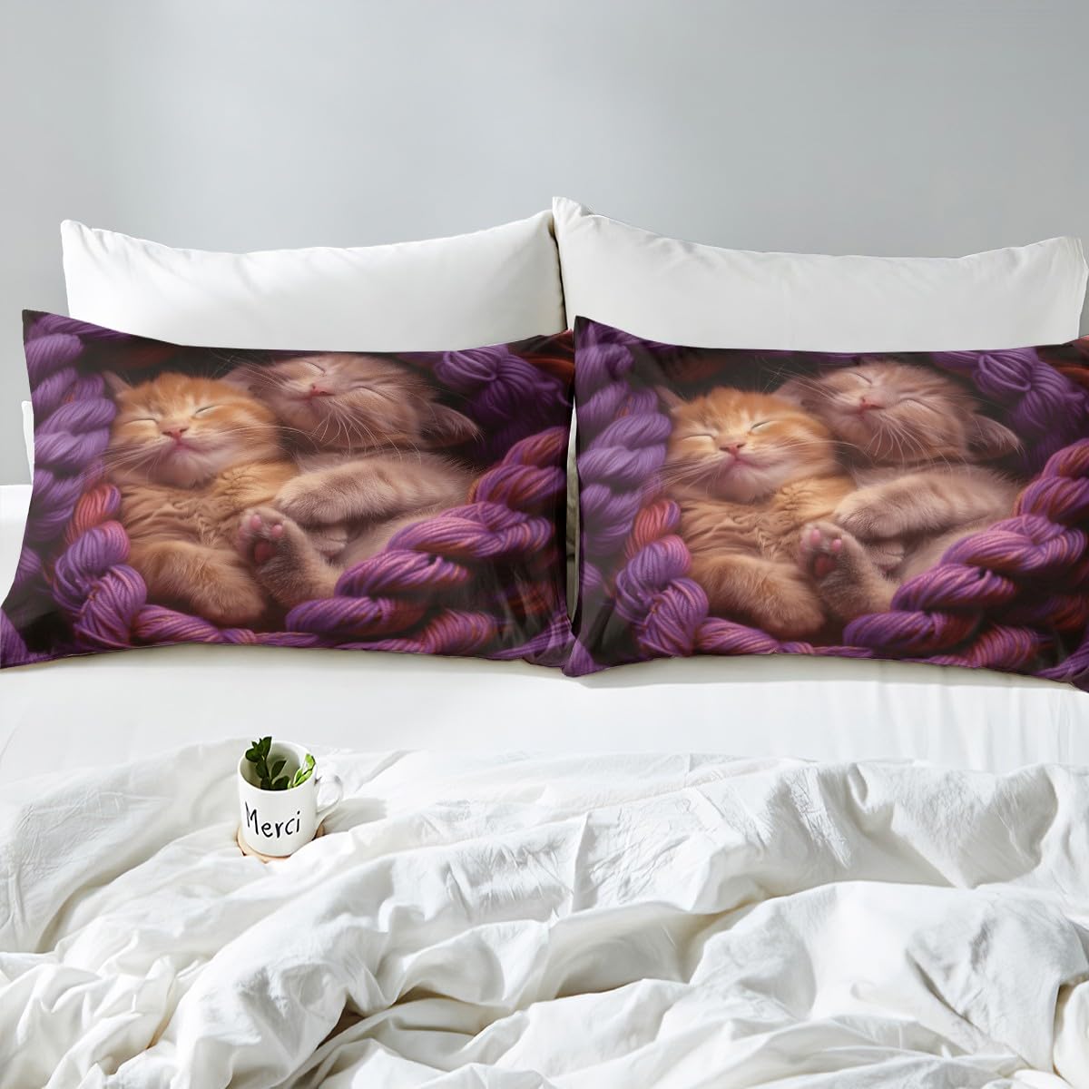 jejeloiu Cats Print Fitted Sheet with 1 Pillowcase Twin Size Animal Bed Sheets Set 16" Deep Pocket Boys Girls Purple Bedding Cute Kitten Teens Bedroom Decor Breathable Lightweight Microfiber