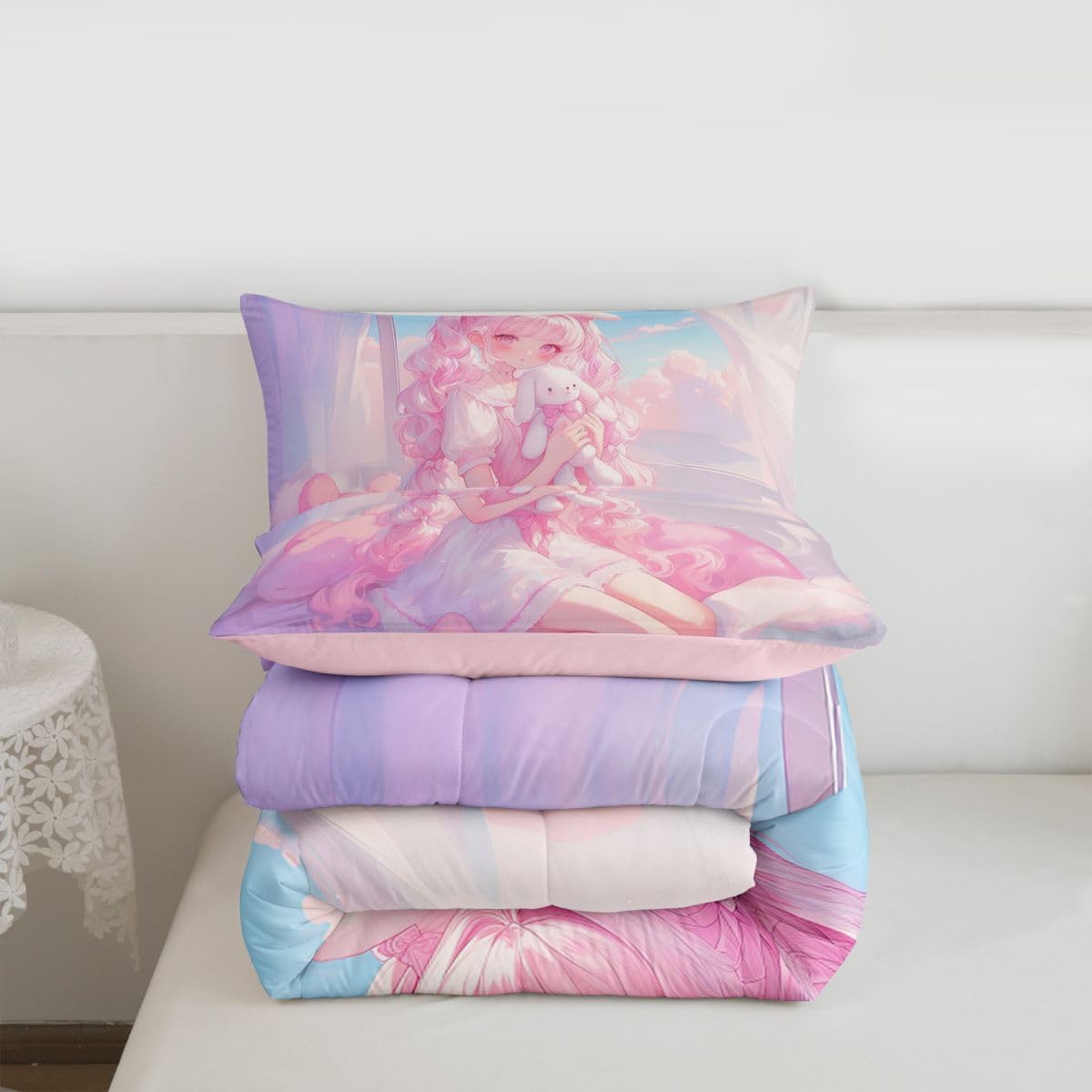 Erosebridal 3D Japanese Girl Bedding Sets Twin - Romance Style Comforter Set for Kids Adults Japanese Anime Girly Duvet Insert Anime Gifts Quilt