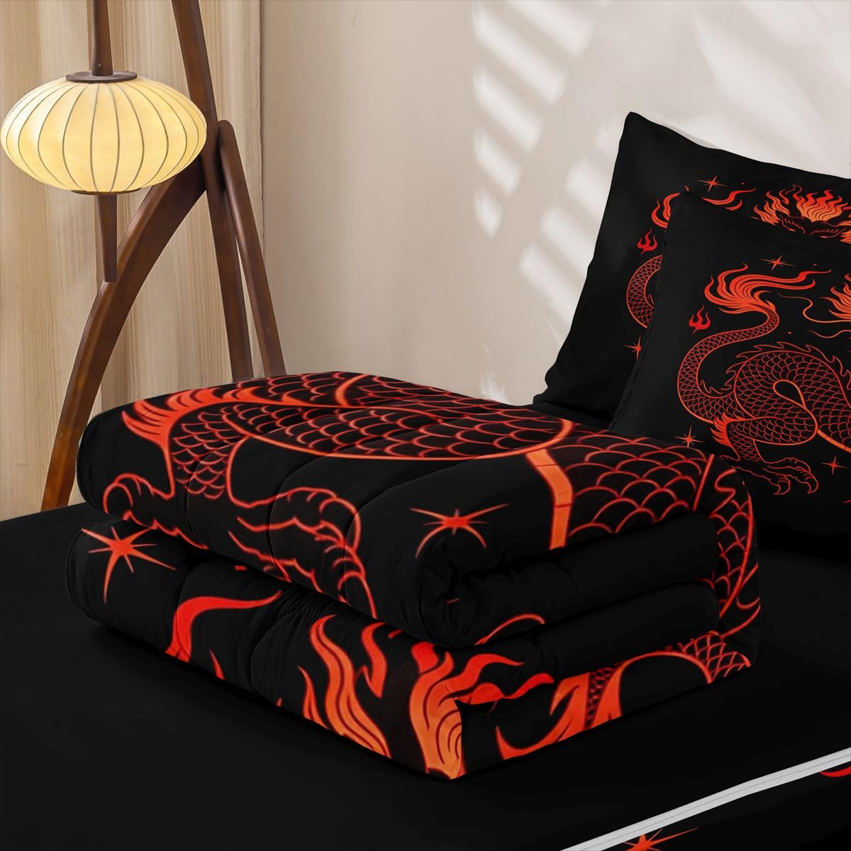 Erosebridal Japanese Style Dragon Kids Full Zipper Bedding Set Red Black Comforter Set with Fitted Sheet for Boys Girls Teen Exotic Animal 3 Pcs Bed in a Bag Set Vintage Wildlife Zip Up Bedding Sets