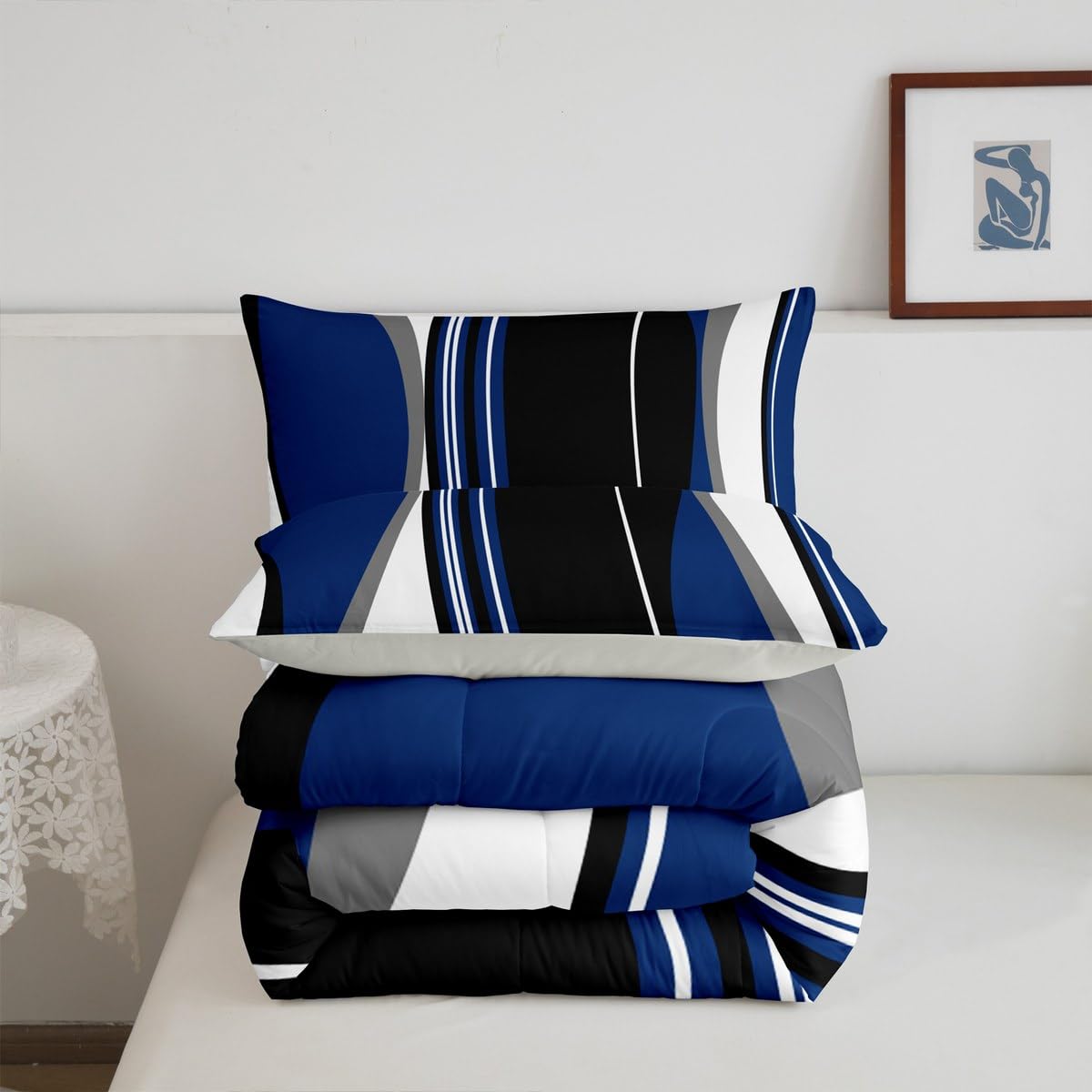 Erosebridal Blue Black Abstract Queen Comforter Set for Adult Women Men Grey Modern Striped Bedding Set Geometric Stripes Lines Bed Set Contemporary Art Boho Quilt Set for Minimalist