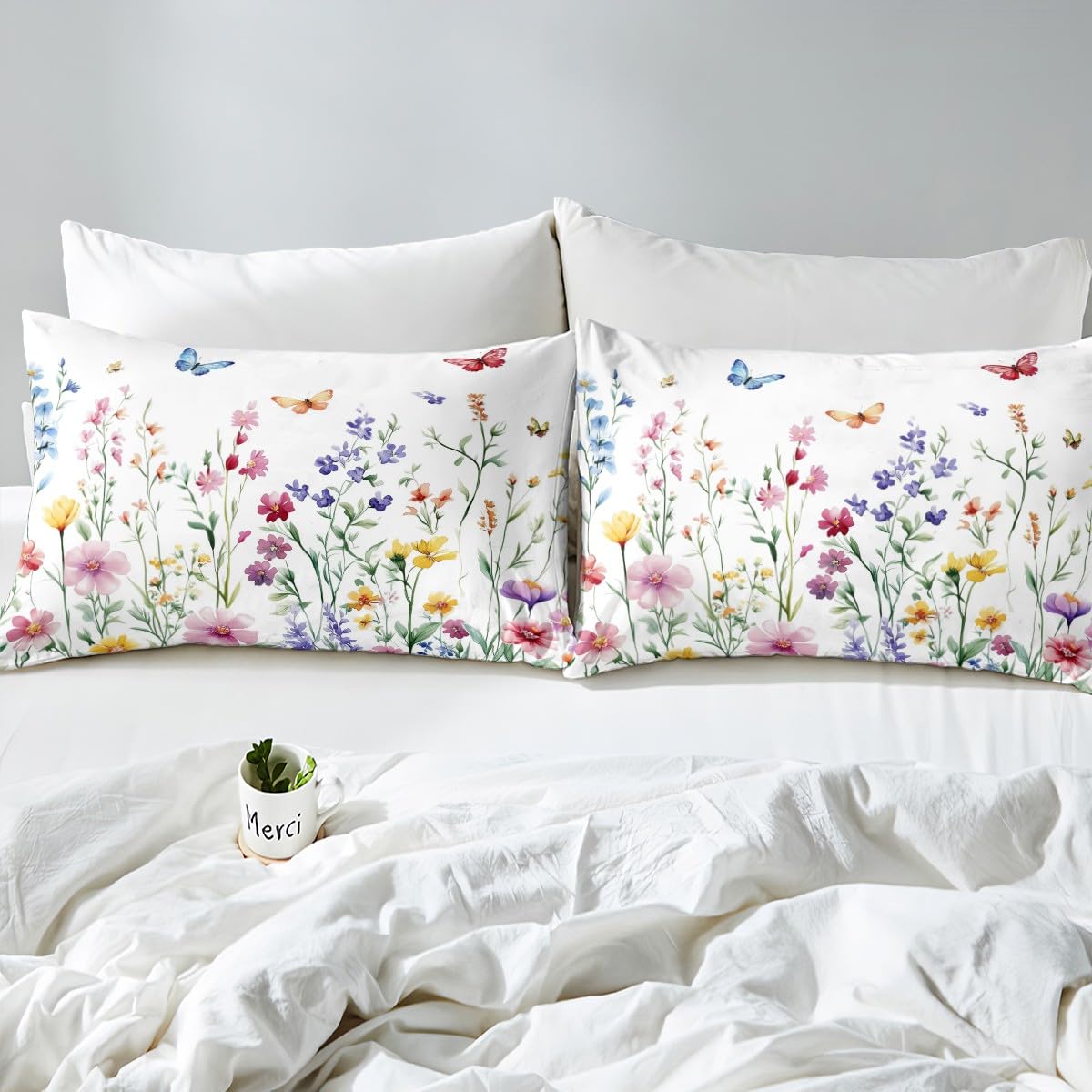 jejeloiu Butterfly Fitted Sheet with 1 Pillowcase Twin Size Cute Floral Bed Sheets Set 16" Deep Pocket Boys Girls Wildflower Flower Floral Bedding Butterflies Print Teens Bedroom Decor