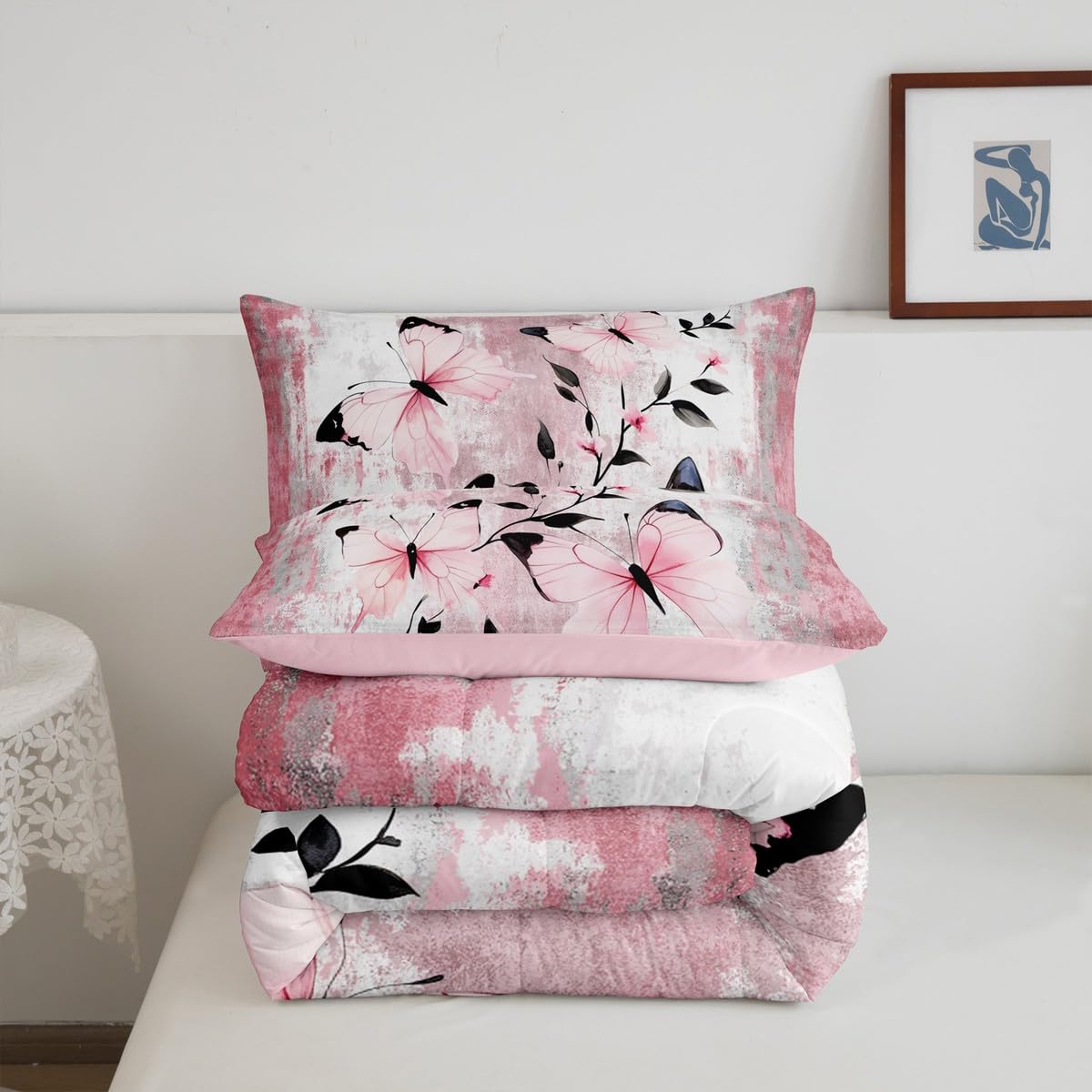 Erosebridal Abstract Oil Painting Queen Comforter Set Rustic Farmhouse Bedding Set Watercolor Butterfly Bed Set Ombre Pink Butterflies Quilt Set for Women Girls Adults