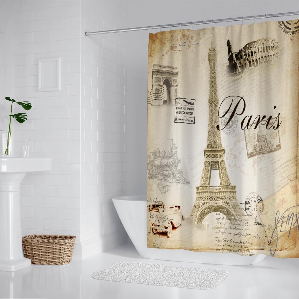 Careyoungs Eiffel Tower Shower Curtain Set Paris Tower Bathroom Curtain Romantic Decor Fabric Bath Curtain Set with Hooks 71X71 Inches (Brown)
