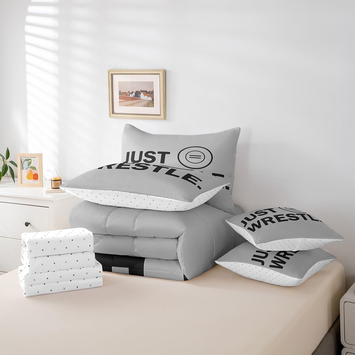 Feelyou Wrestle Bedding Set Twin Wrestling Comforter Set 7 Piece for Kids Women Men Soft Sports Bedding Twin Comforter Set Soft Quilt Wrestle Boys Bed Set with Sheets, Pillowcases, Pillow Covers Boys