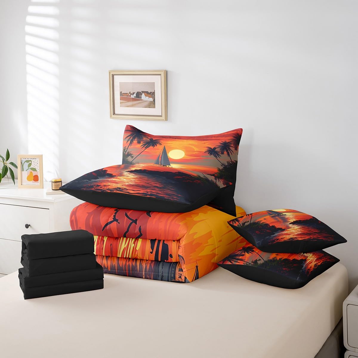 Erosebridal Hawaiian Beach Sunset Bedding Set for Kids Teen Adults,Summer Sea Ocean Twin Comforter Set 7 Piece Palm Tree Sailboat Bed in A Bag Red Retro Tropical Bed Set