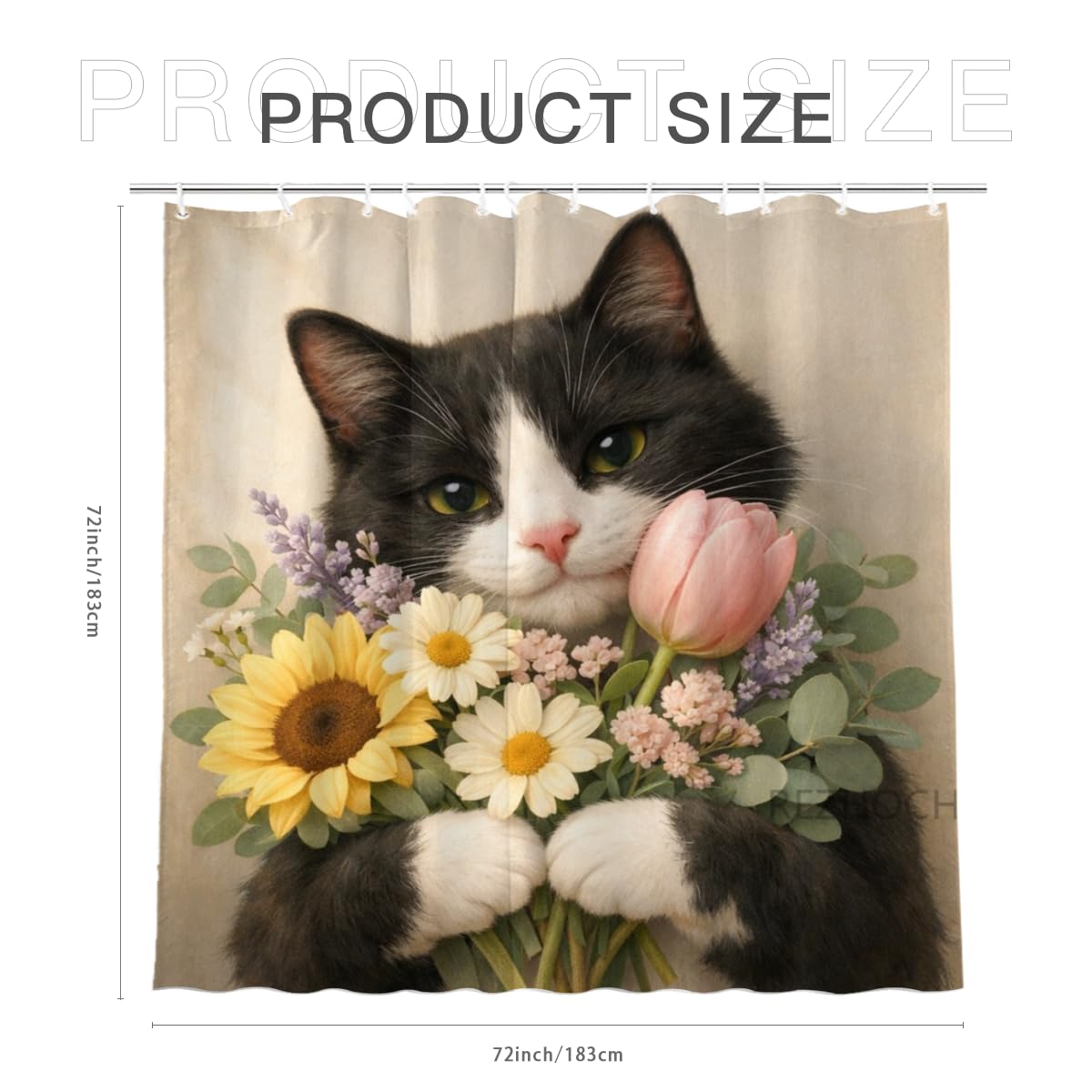 REZHOCH Funny Tuxedo Cat Shower Curtain 72x72 Inch Cute Animal Holding Flowers Home Bathroom Decor Floral Modern Art Minimalist Style Kids Waterproof Fabric Bath Set with Hooks