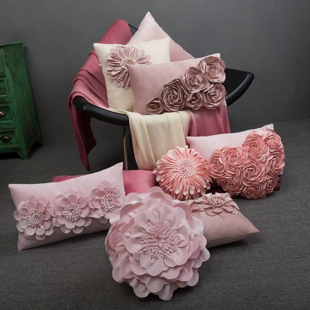 JWH 3D Flower Throw Pillow Cover Decorative Handmade Floral Pillow Case Soft Velvet Pillowcase Lumbar Cushion for Bed Living Room Chair Couch Decor Shams 12x20 Inch Rose Gold
