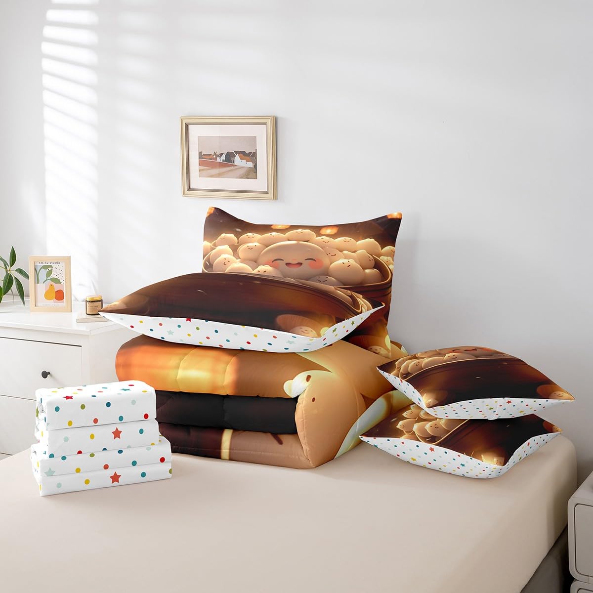 Erosebridal Sweet Dumpling Bedding Set King Size, Cute Dumpling Comforter Set, Traditional Chinese Food Kids Teens (Comforter+Fitted+Flat Sheet+2 Pillowcases+2 Throw Pillow Covers) 7 Pieces Bed Set