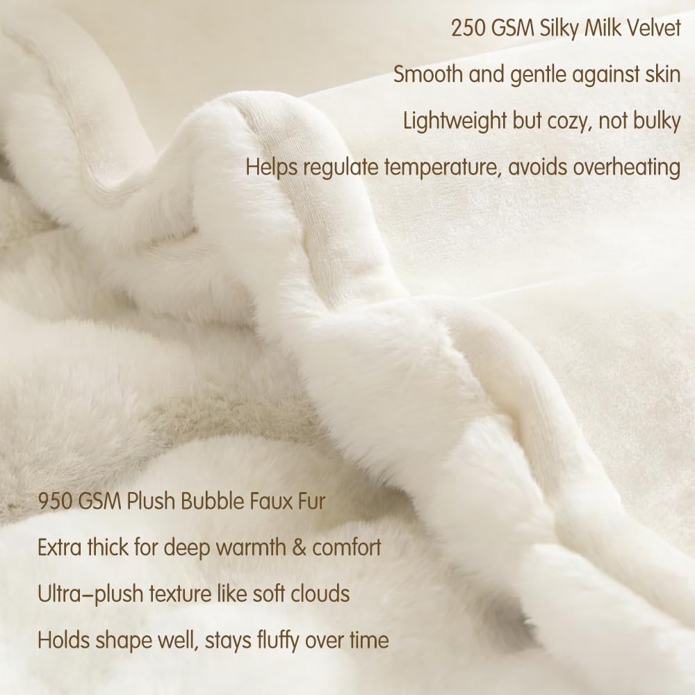 Faux Fur Throw Blanket for Bed, Ultra Soft Plush Thick Blankets for Sofa, Luxury Fluffy Reversible Throw Blanket 950GSM for Home & Room Decor, Winter Warm Blanket Women Children (White, 20"*20")