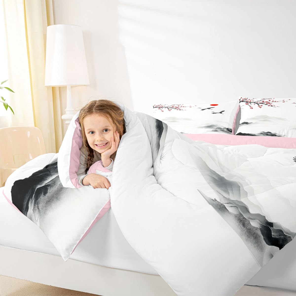 jejeloiu Chinese Ink Painting Kids Comforter Set Queen Size Japanese Style Bedding Set Cherry Blossom Duvet Quilt for Kids Boys Girls Bedroom Mountain Red Sun Decor Microfiber Ultra Soft Breathable
