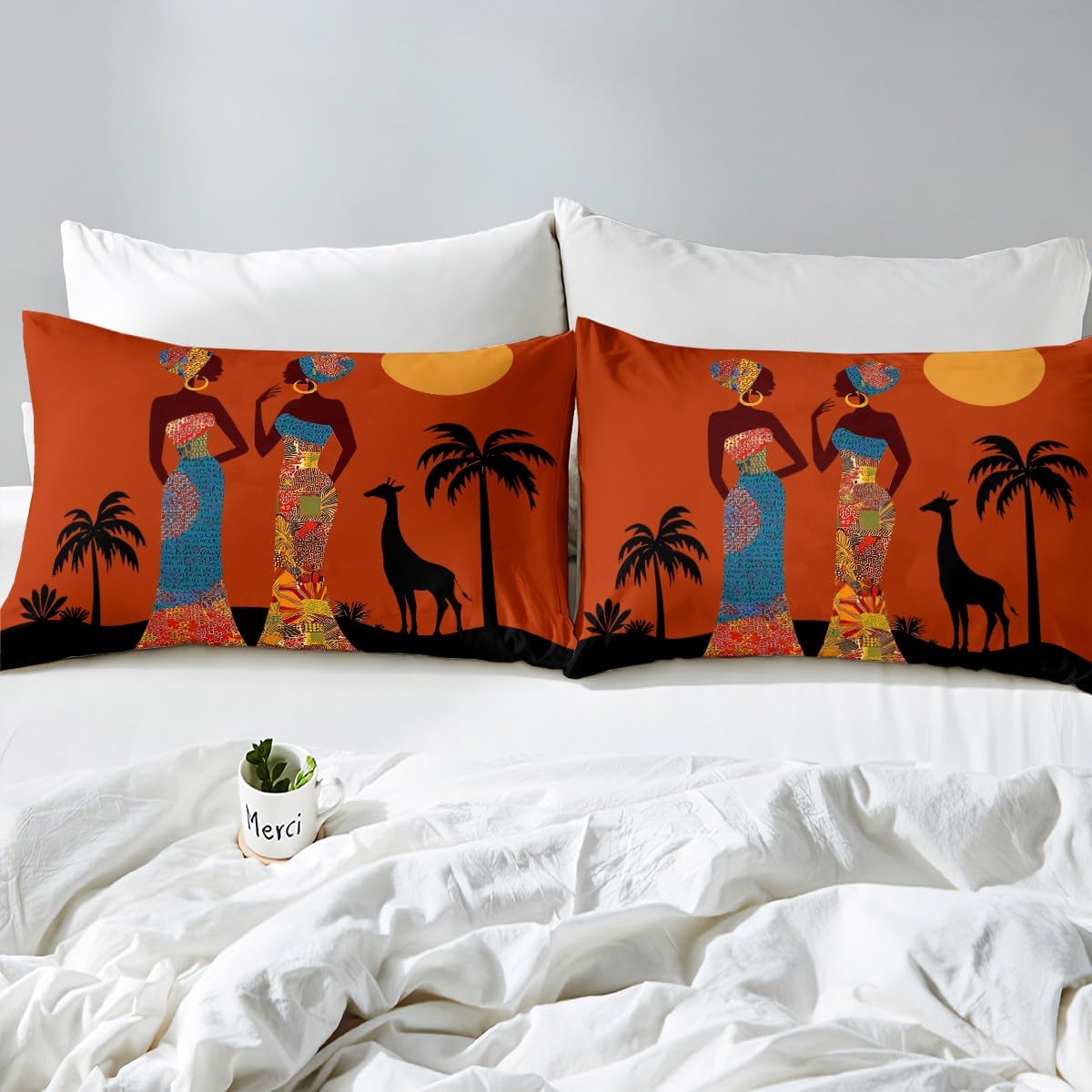 African Woman Themed Duvet Cover Brown African Pattern Bedding Set Ethnic Afro Giraffe Comforter Cover for Women Adults Room Decor Black Palm Tree Print Bedspread Cover Twin Size With 1 Pillow Case