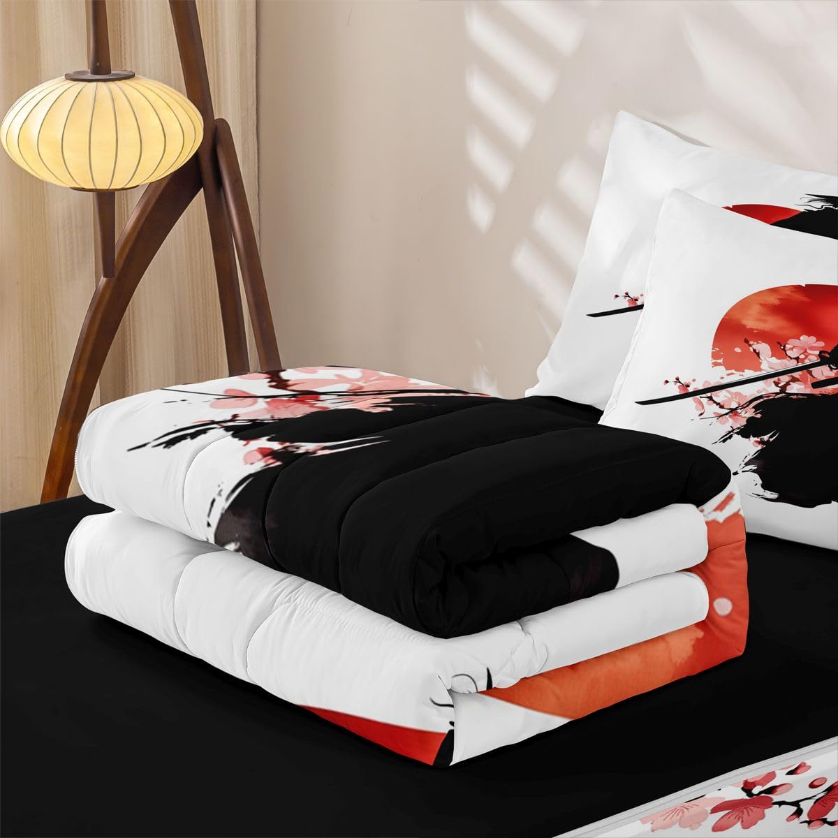 Erosebridal Samurai Zip Up Bedding Comforter Sets Twin Size, Red Sun Japanese Comforter in One Zipper - Japan Warrior Bedding Set with Pillowcases