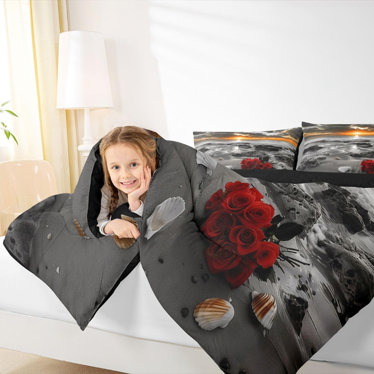jejeloiu Black and White Gold Kids Comforter Set Toddler Size Rose Ocean Beach Zen Bedding Set Seascape Duvet Quilt for Kids Boys Girls Bedroom Decor Microfiber Ultra Soft Breathable