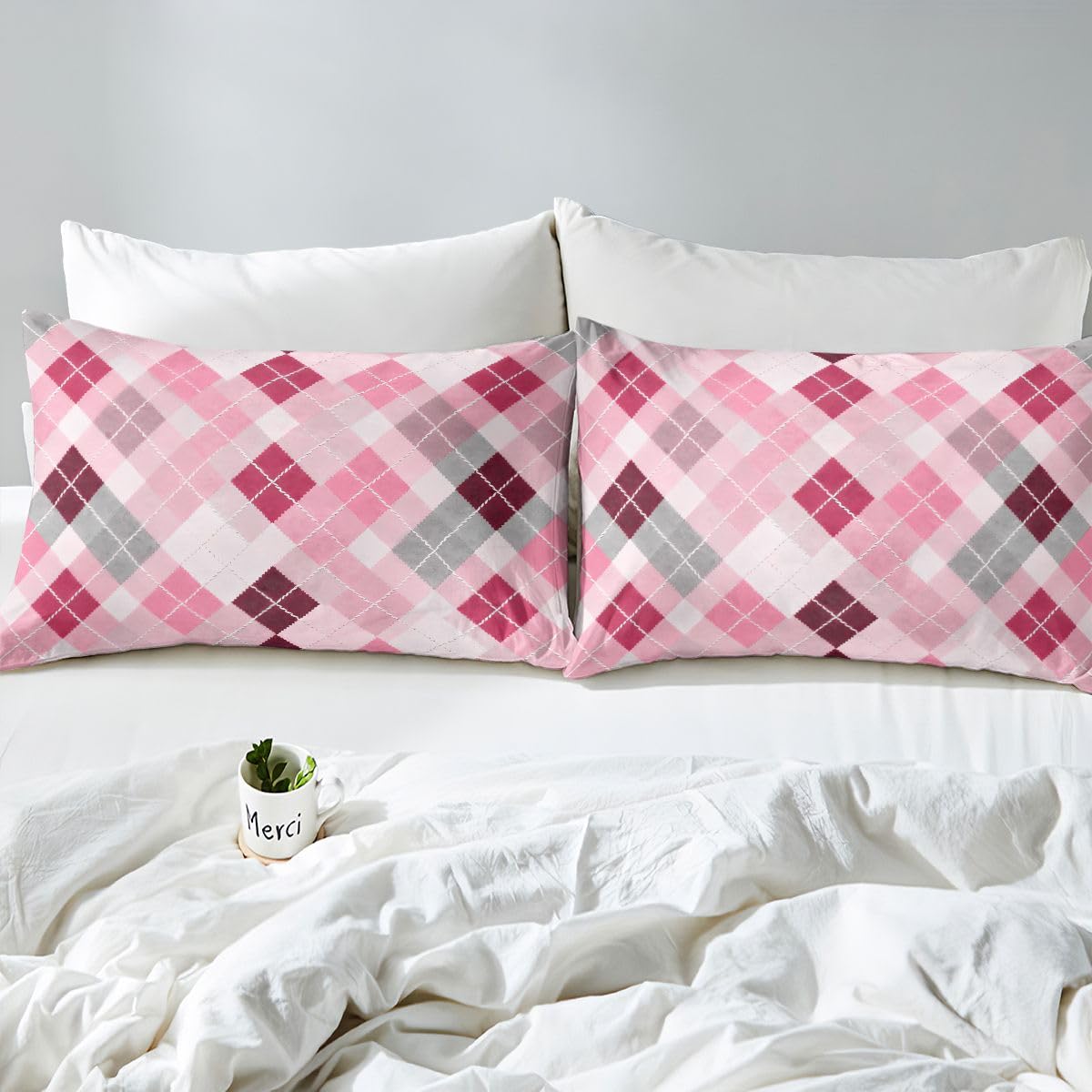 jejeloiu Traditional Argyle Pattern Fitted Sheet with 1 Pillowcase Twin Size Plaid Bed Sheets Set 16" Deep Pocket Boys Girls Pink Checkered Striped Classical Bedding Teens Bedroom Breathable Soft