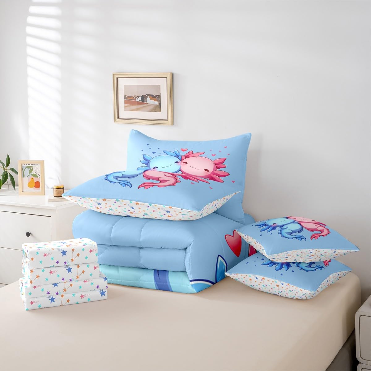 Cartoon Axolotls Queen Comforter Set Pink Blue Cute Axolotls Bed in a Bag with Flat and Fitted Sheet for Girls Boys Kids Coastal Ocean Animal 7-Piece Bedding Set Cartoon Love Heart Quilt Duvet Sets