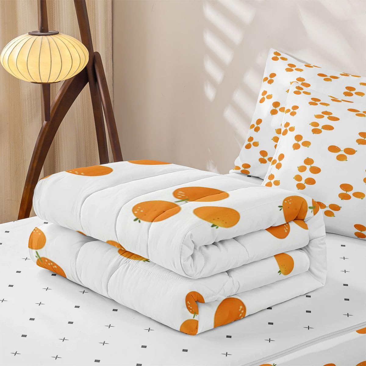 Erosebridal Orange Zipper Bedding Set Twin Modern Zip Up Comforter Set with Sheets Cartoon Fruit Bed in a Bag Hand Drawn Print Bed Sets with 2 Pillowcases