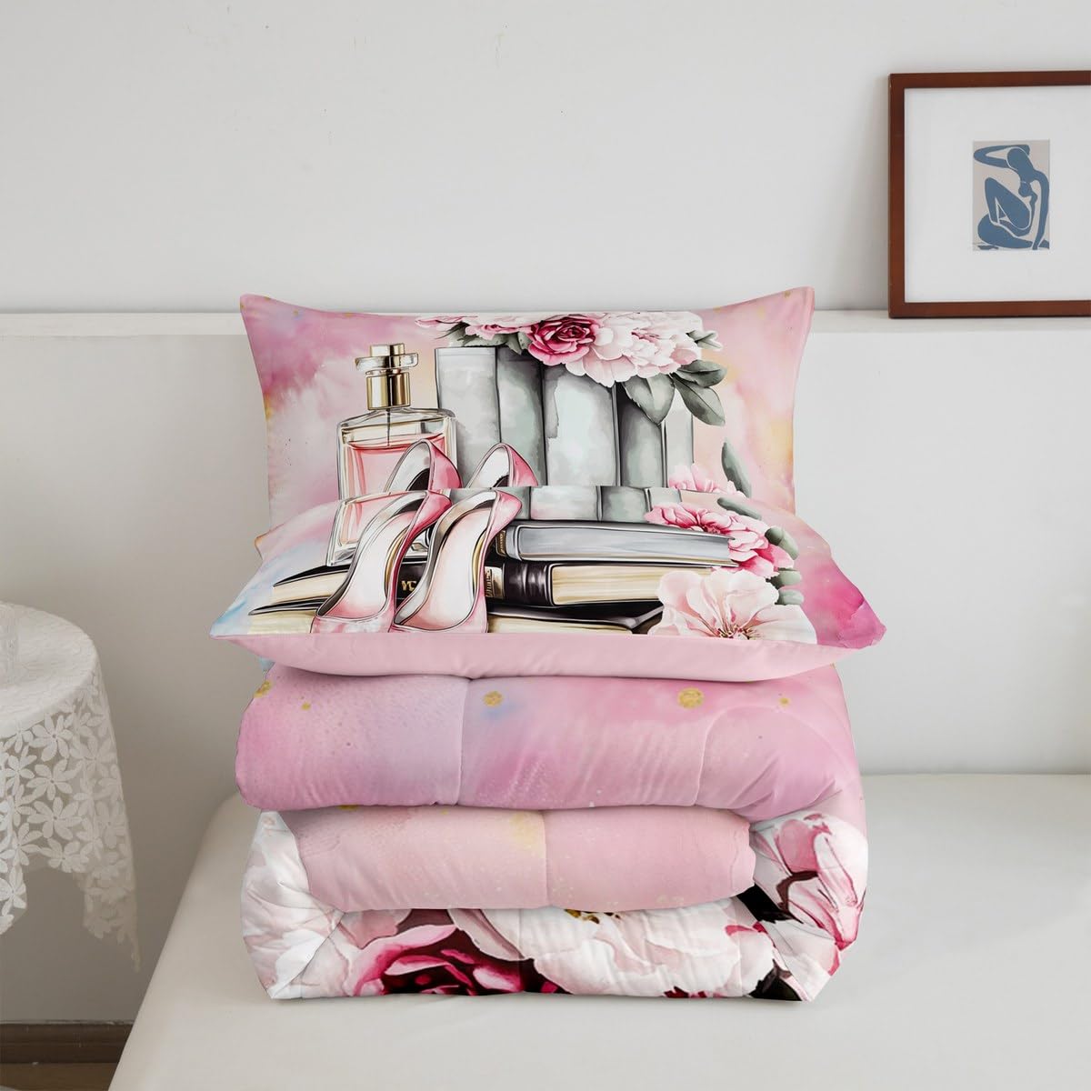 Erosebridal Pink Floral King Bedding Set for Girls Kids Teens Girly Modern Fashion Comforter Set Women Romantic Perfume Down Comforter Fantasy Dreamy High Heels and Book Quilt