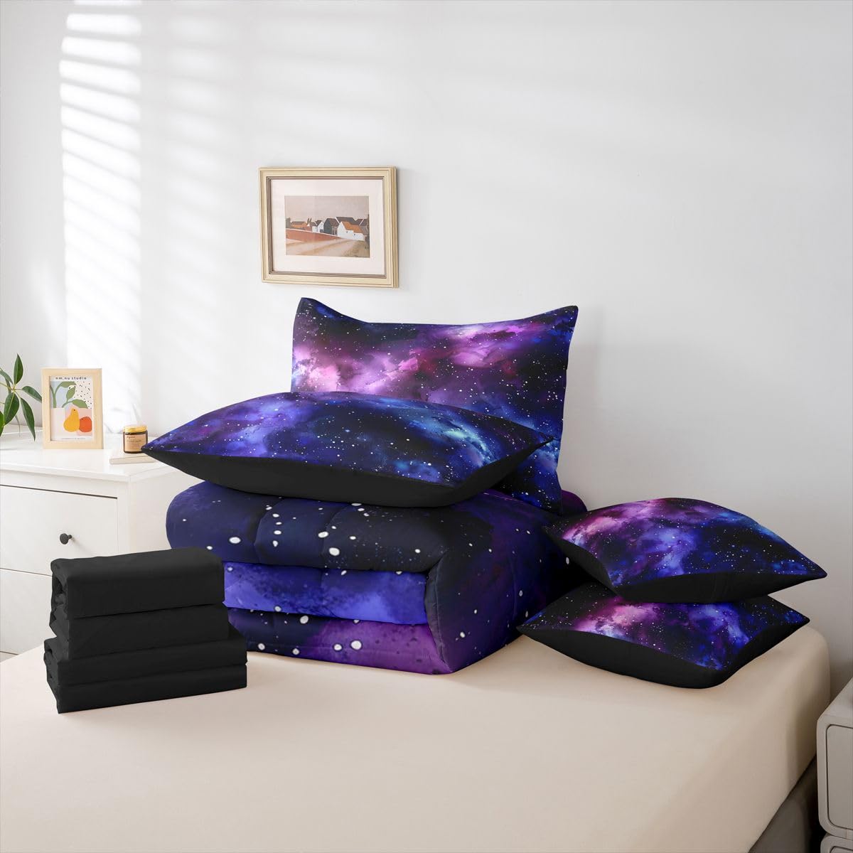 Erosebridal Universe Space Comforter Set Galaxy Bed in A Bag Queen Size 7 Pieces Purple Blue Starry Sky Bed Set Room Decor Outer Space Nebula Bedding with Sheets