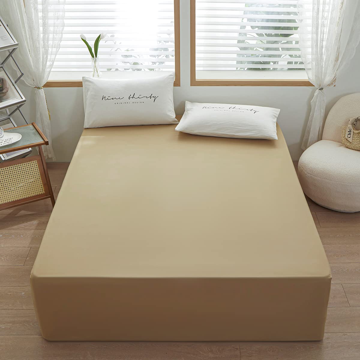Rushrushlulu Bedding Queen Size Fitted Sheet Only- Bottom Mattress Fitted Sheet-Fits 15inches Deep Mattress Pocket -Soft and Microfibe-Shrinkage and Fade Resistantr-Easy Care-Camel