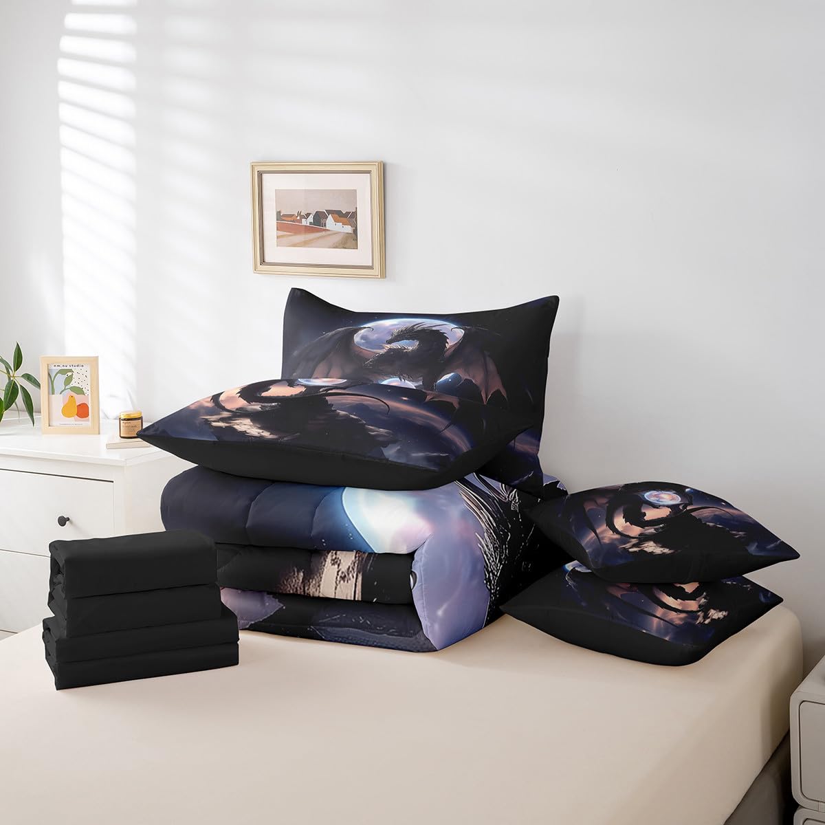 Erosebridal Purple Dragon Queen Bedding Set - Galaxy Moon Bed in A Bag,Dreamy Animal Comforter Sets with Sheets, Fantasy Dragon 7 Pieces Bed Set Bedroom Decor
