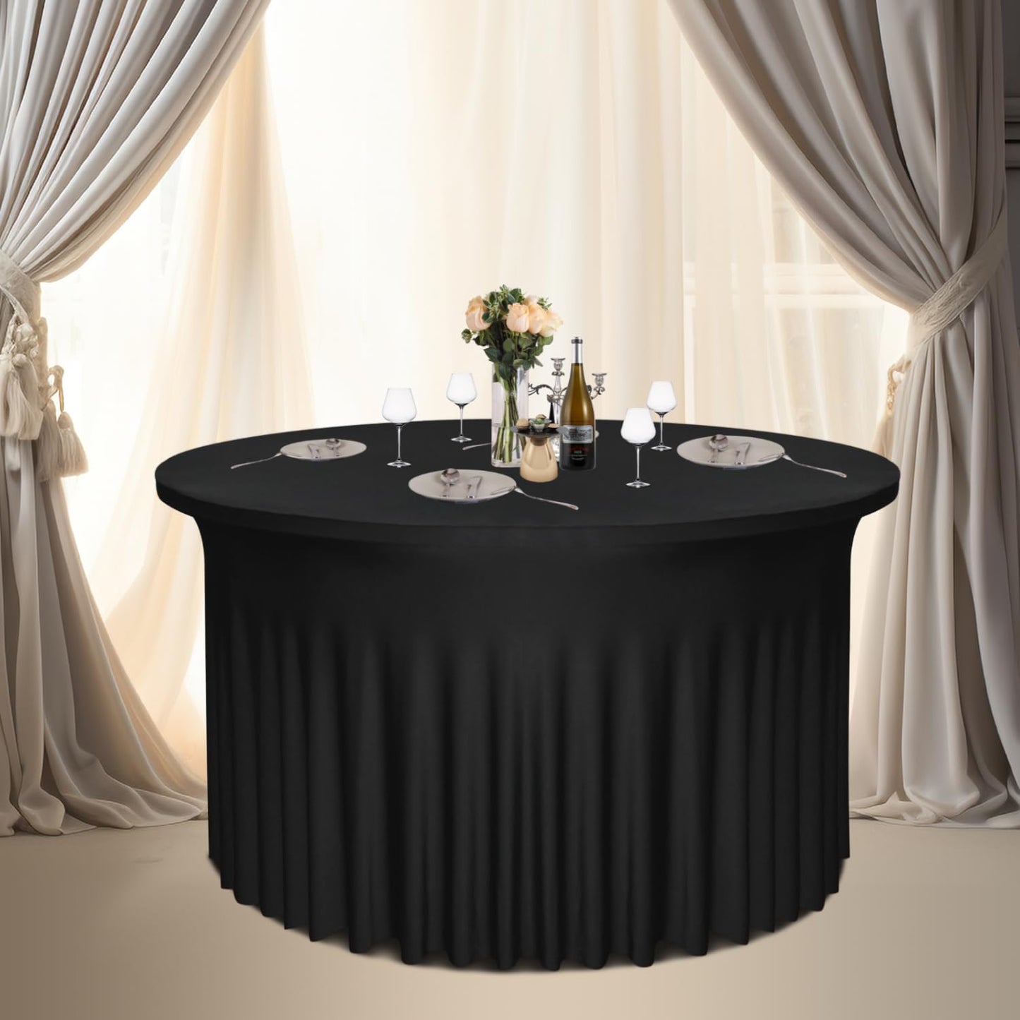 Yoquare 2 Pack 48" Diameter x 30" Height Black Table Skirt | Fits 4FT Round Tables |Polyester Spandex Round Table Cloths with Skirt|Stain ăWrinkle Resistantă for Wedding,Party,Dining,Banquet