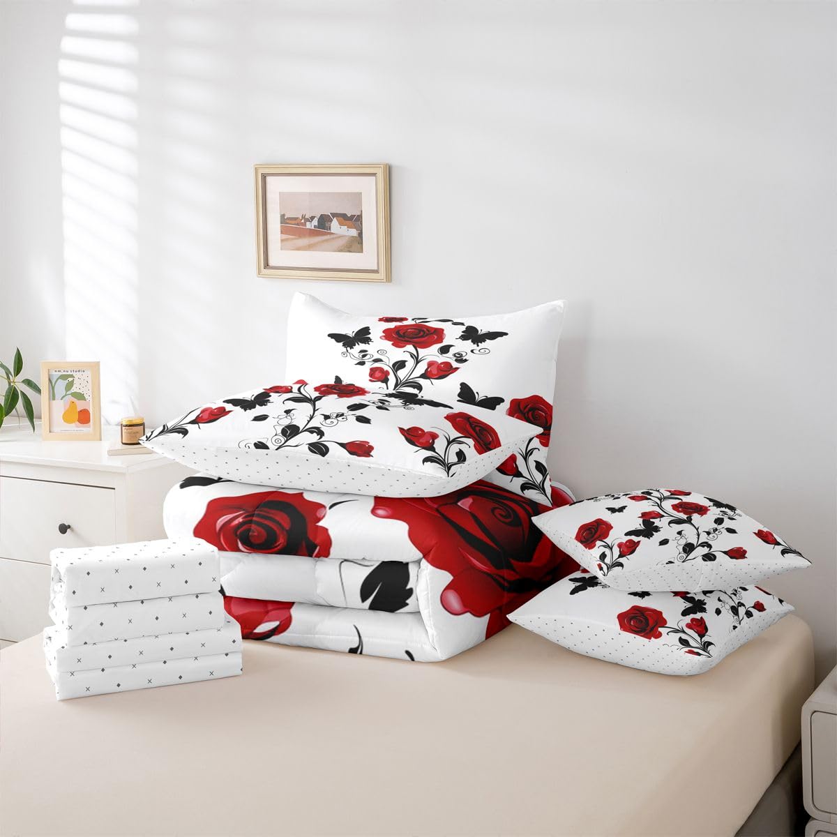 Erosebridal Red Rose Full Bedding Set - Valentines Day Flowers Bed in A Bag,Gothic Roses Butterfly Printed Comforter Sets with Sheets, Rose Decor 7 Pieces Bed Set Bedroom Decor