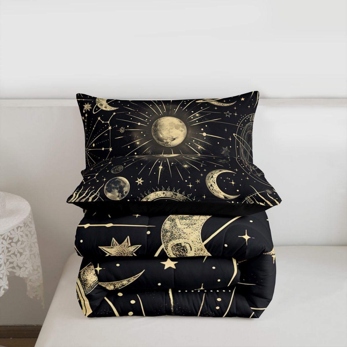 Erosebridal Bohemian Sun Moon Comforter Set, Constellation Down Comforter King Size, Starry Sky Quilted Duvet, Exotic Style Black Room Decor Duvet Insert,Super Soft Breathable Bedding Set
