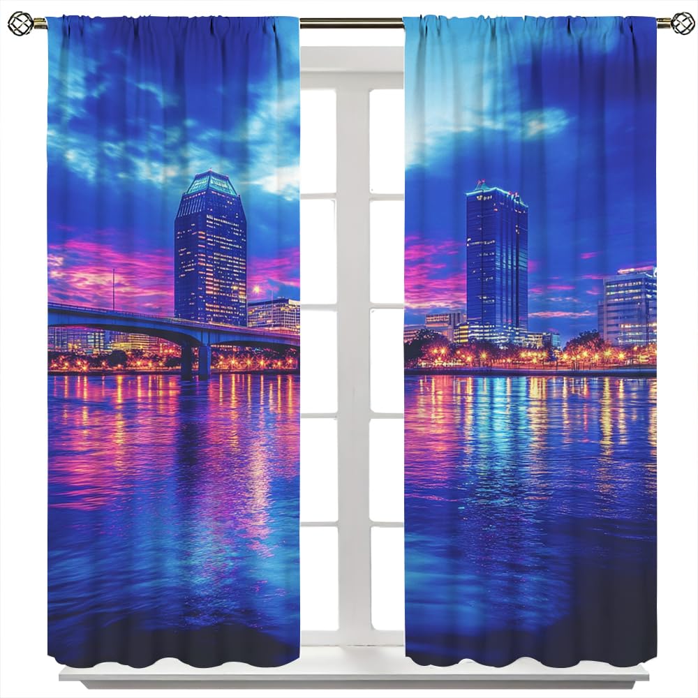 YFBBINS Romantic Urban Skyline Pattern Blackout Curtains Thermal Insulated for Bedroom Living Room, Modern Cityscape Rod Pocket Curtain Light Blocking Drapes, 2 Panels, Each 21 W x 45 L inch