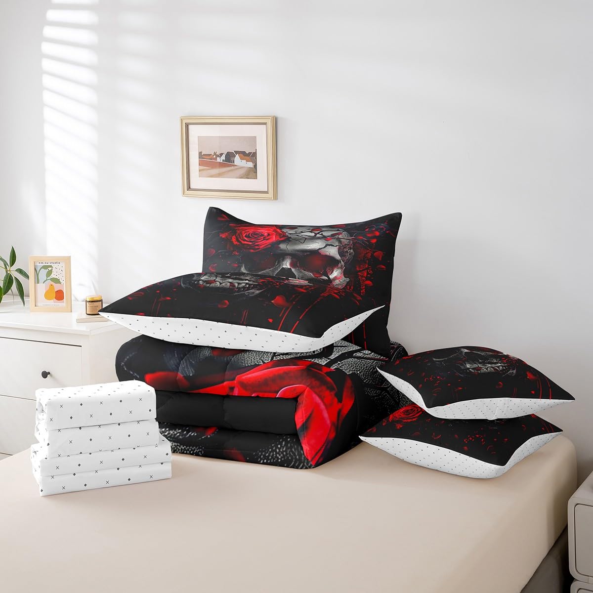 7 Pieces Twin Size Gothic Skeleton Comforter Set,Tie-dye Graffiti Rose Flower Bedding Set for Boys Girls,Trippy Skull Halloween Theme (Comforter+Fitted+Flat Sheet+2 Pillowcases+2 Throw Pillow Covers)