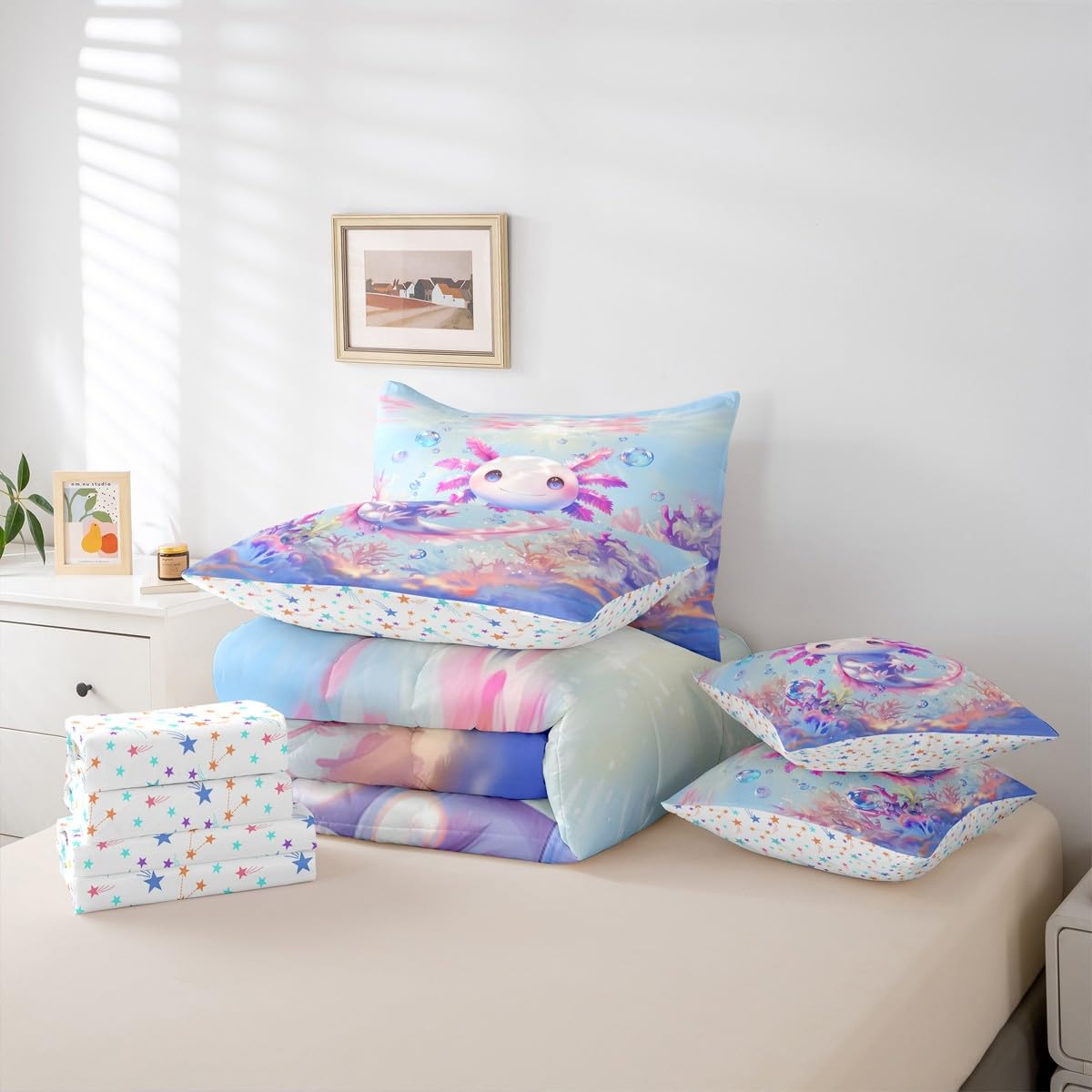 Erosebridal Queen Size Girls Cute Axolotl Bed in A Bag (7 Pieces) | Kids Sea Ocean Animal Comforter Set with Sheets Girly Cartoon Axolotl Bedding Set for Teens Kawaii Salamander Quilt Duvet Insert