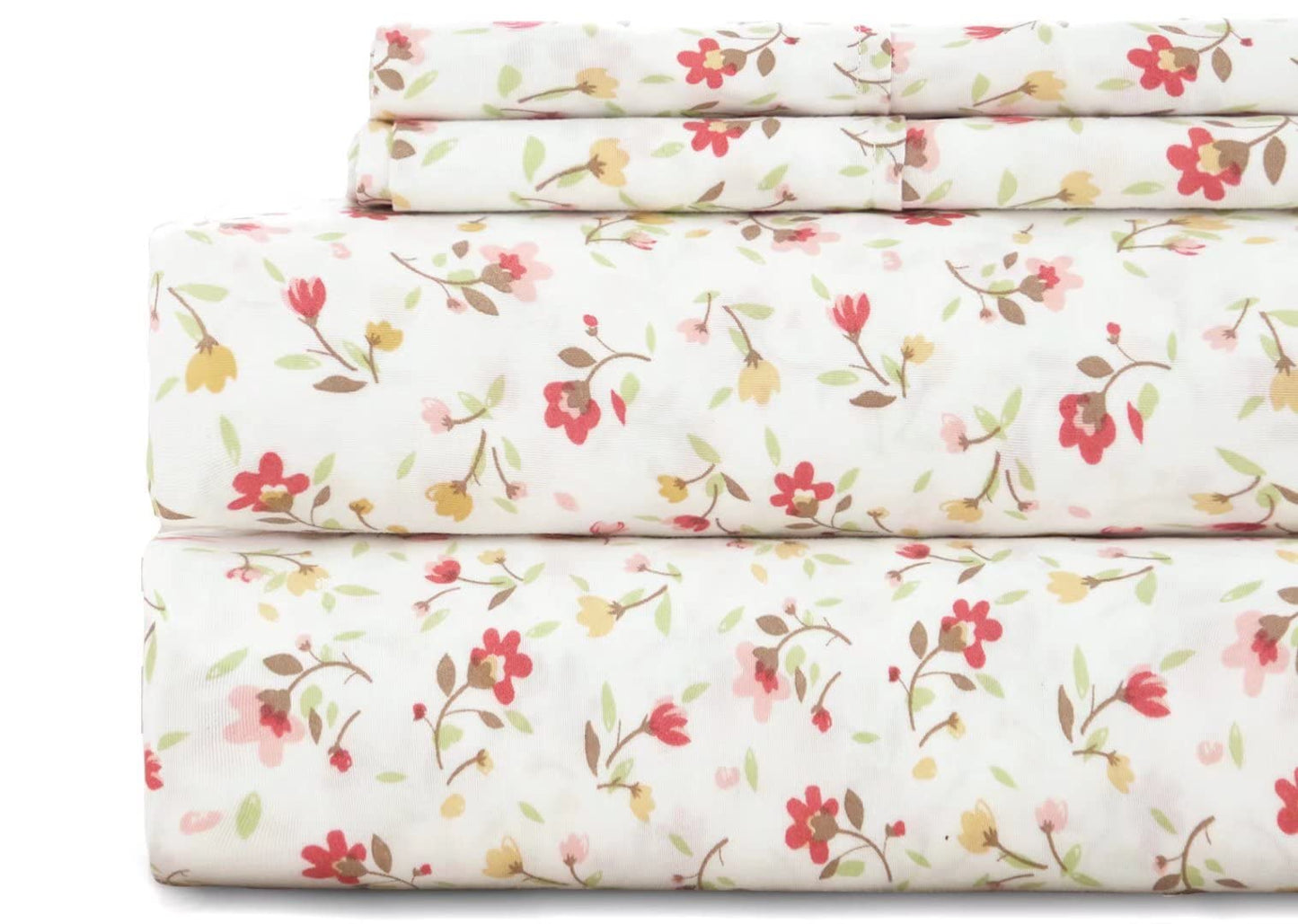 California King Bed Sheet Set 4PC Printed Red Cute Flower Sheet Pattern Cooling Brushed Microfiber Deep Pocket Floral Sheets Set Luxury, Soft, Breathable, Hypoallergenic, Wrinkle Free Double Bedding