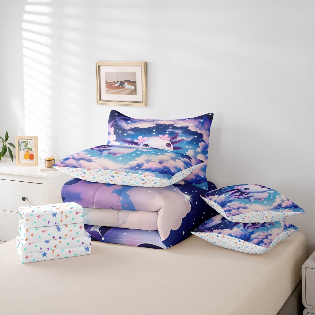 Dreamy Axolotl Queen Comforter Set for Girls Kids Cute Axolotl Bed in a Bag with Flat and Fitted Sheet Teen Preppy Fantasy Galaxy Sky 7-Piece Bedding Set Kawaii Purple Salamander Quilt Duvet Sets